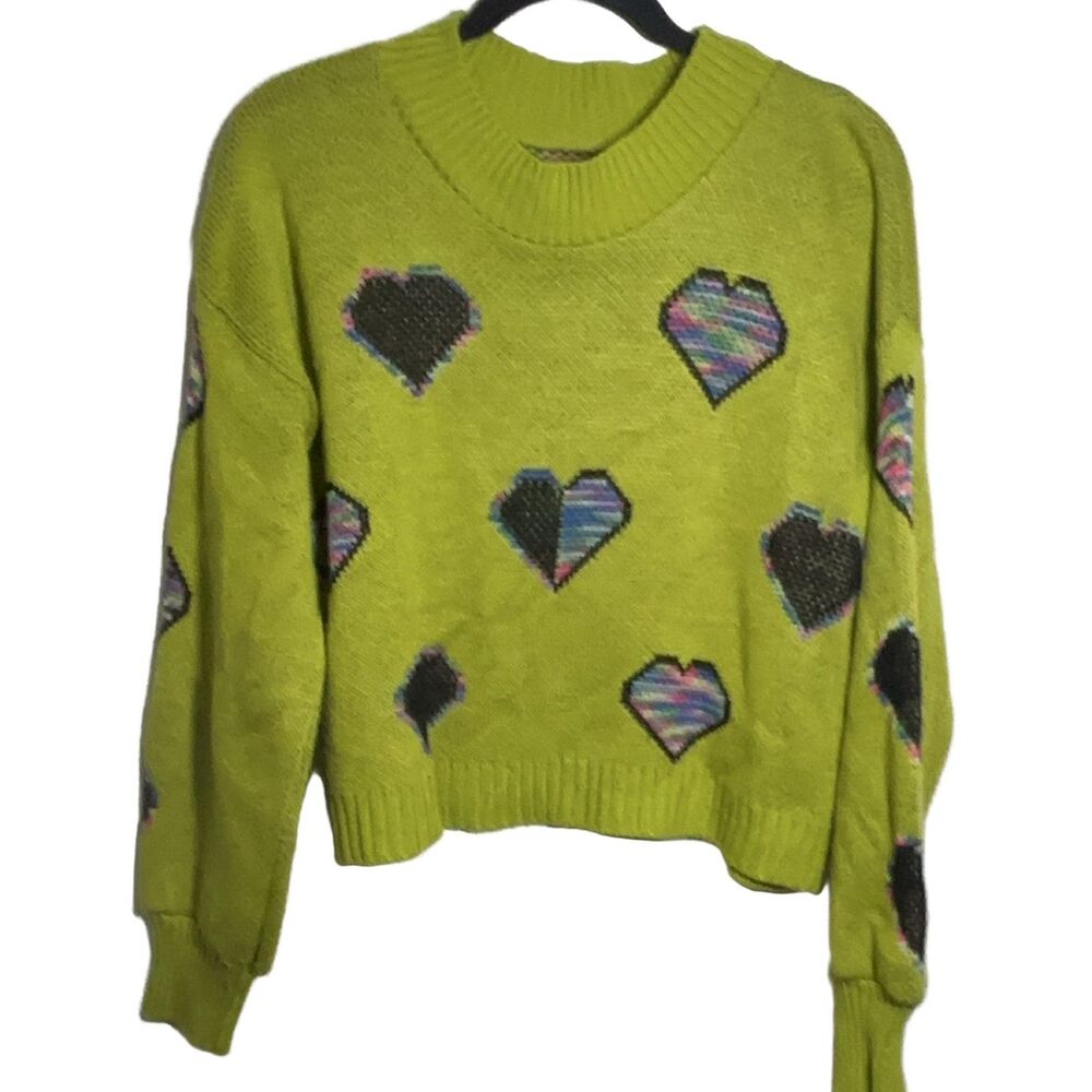 Moon Night Pixel Heart Knit Sweater Lime Green Ribbed Cuffs Hem
